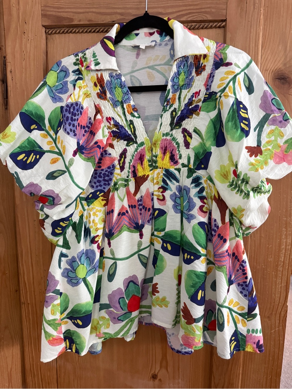 entro White Floral Smocked V-Neck Top with Multi-Color Print